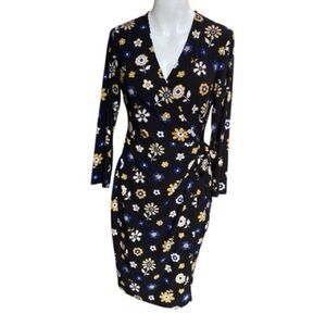 Anne Klein Floral Libretto Wrap Dress Size US 8 Black & Cezanne Yellow